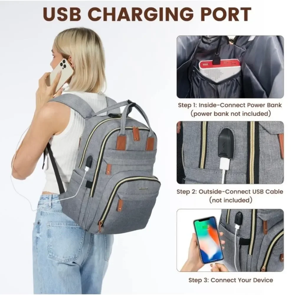 NWOT LoveVook Laptop Backpack Travel Carry On Back to School Gray w Gold Zippers